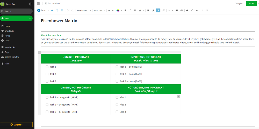 Eisenhower Matrix Template Evernote