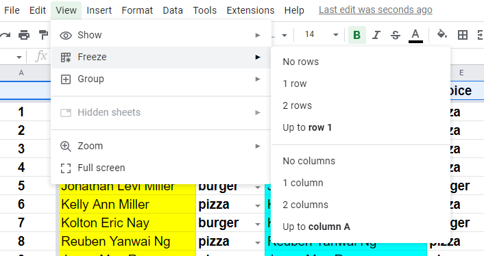 google spreadsheet freeze columns