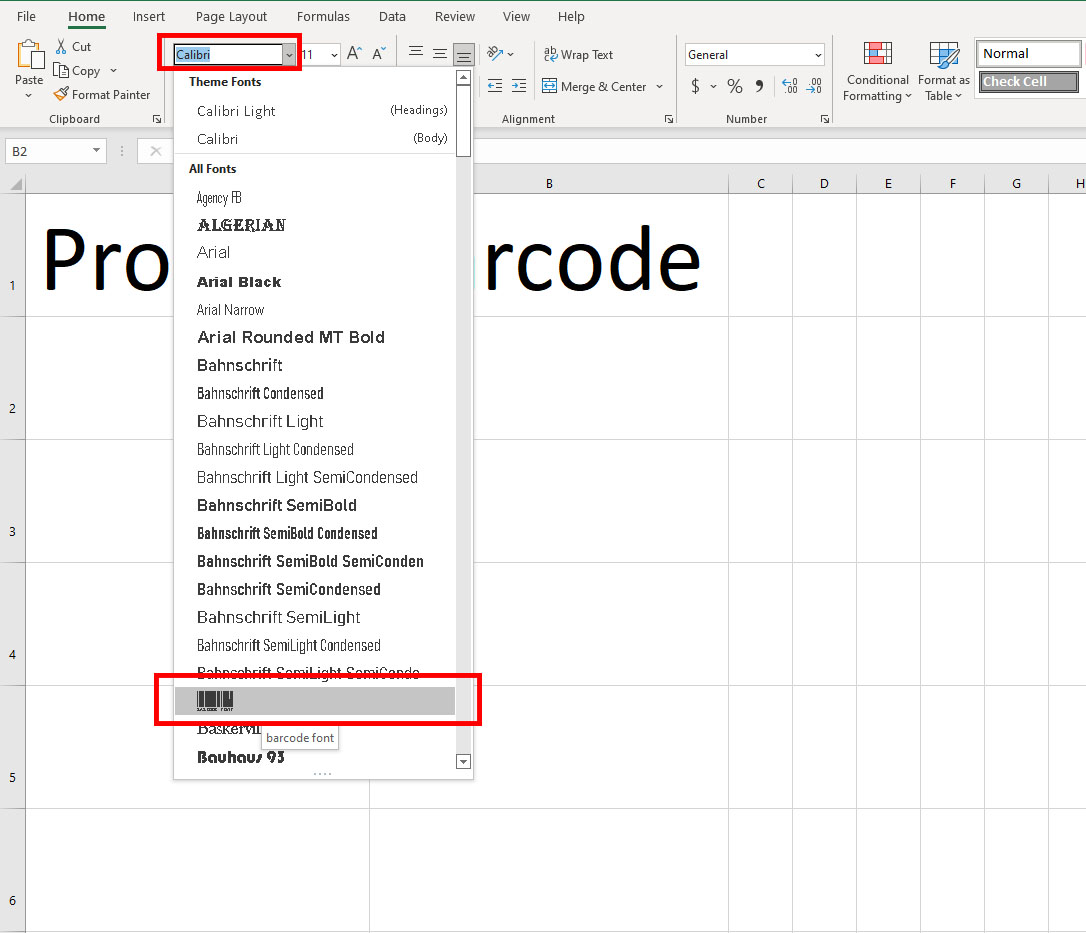 Changing regular font of cell B2 to barcodefont