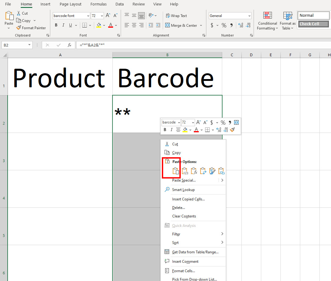 Pasting the B2 formatted cell to other cells below it