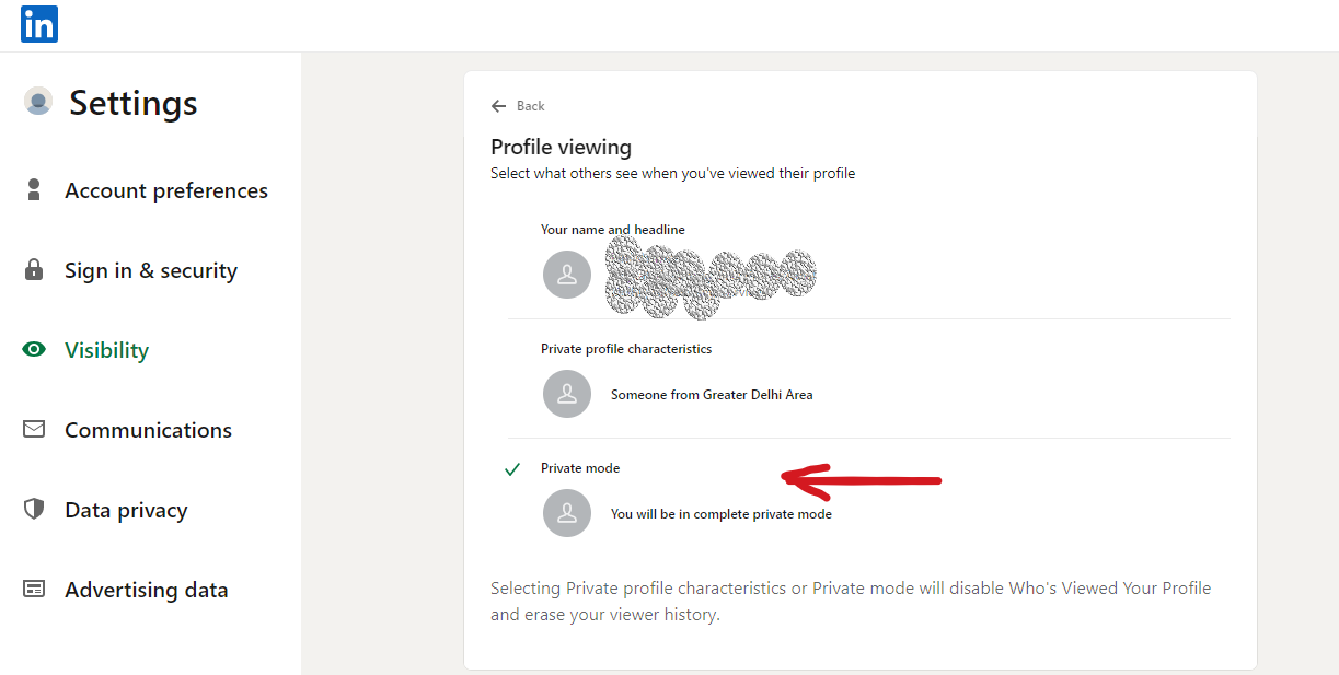 Private Mode in LinkedIn