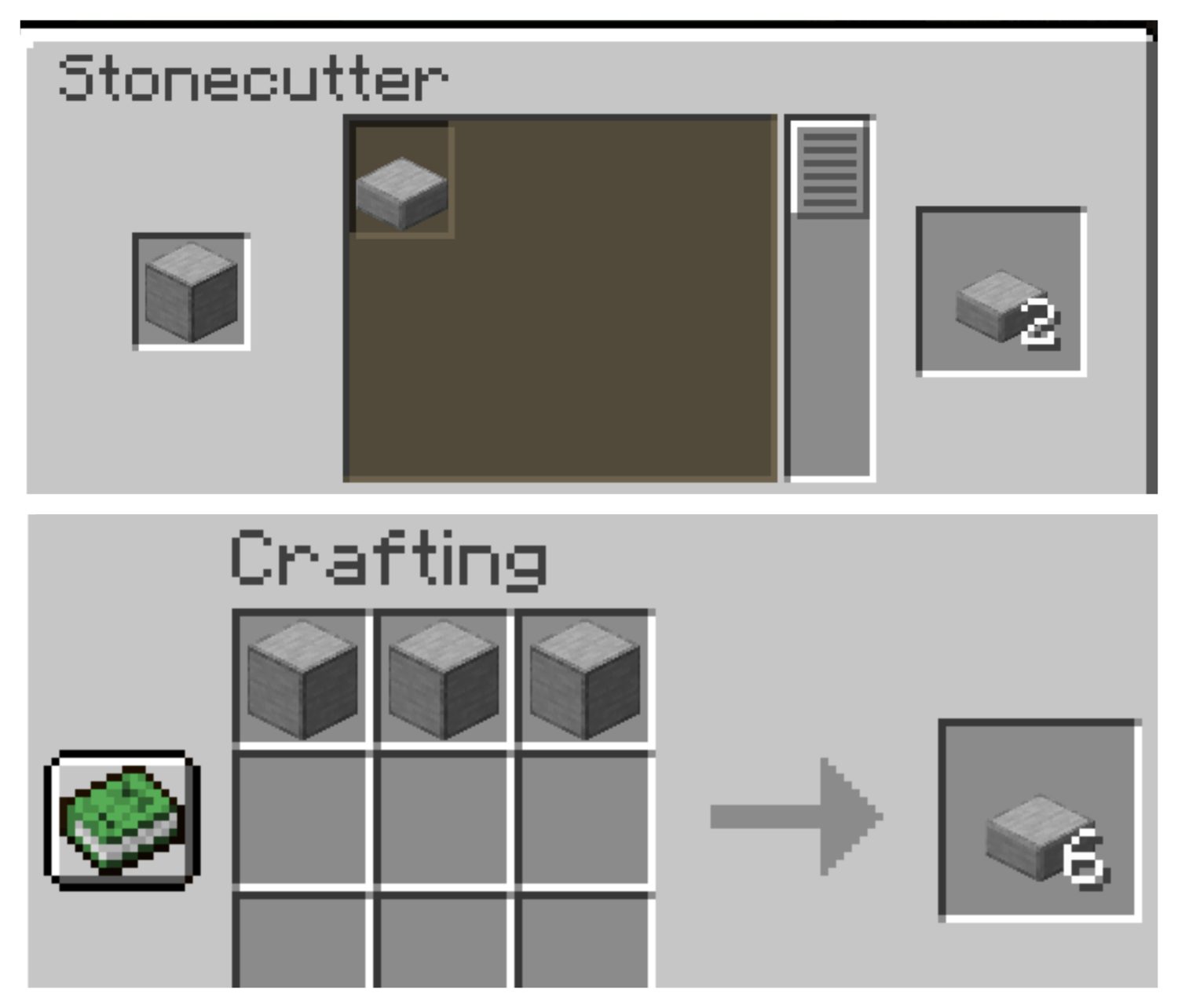 crafting smooth-stone-slab with stonecutter and crafting table in minecraft