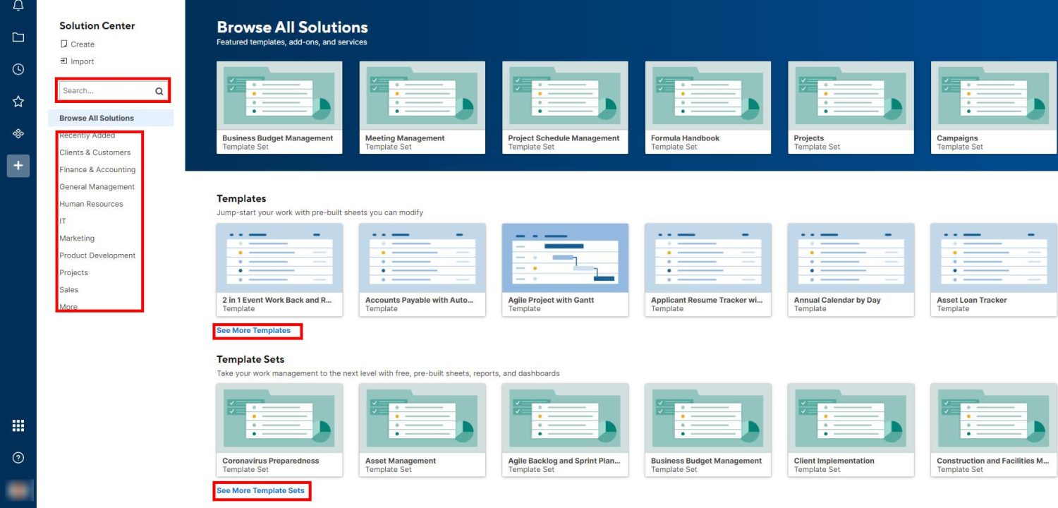 the Browse all solutions screen of smartsheet