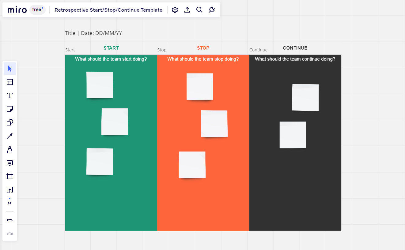 Start Stop Continue template from Miro