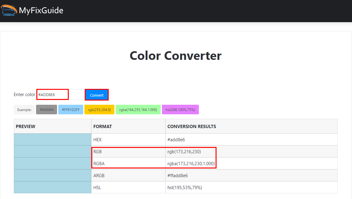 MyFixGuide color code converter