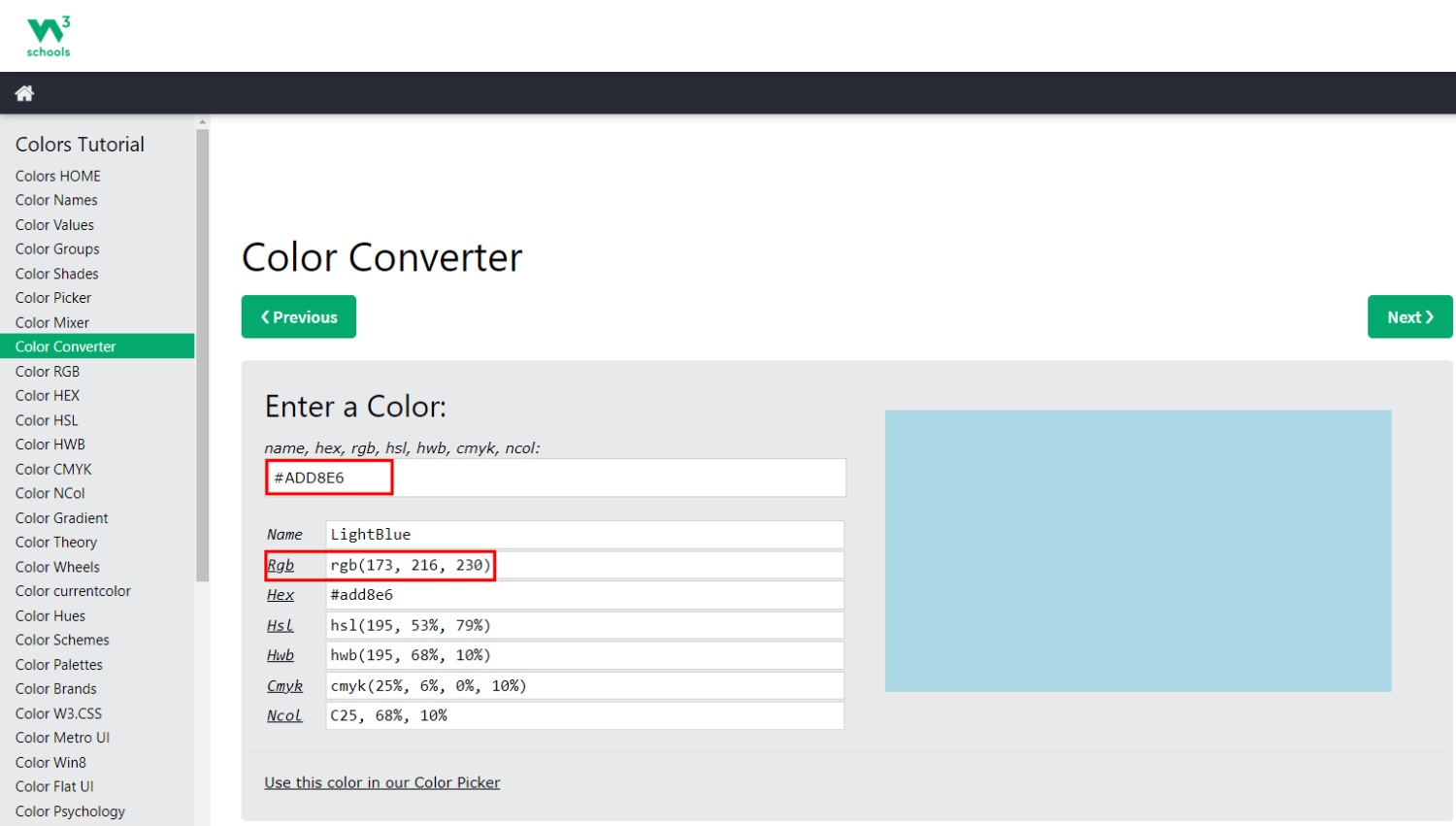 W3 Schools Color Converter