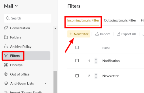 zoho-mail-filters-to safelist emails