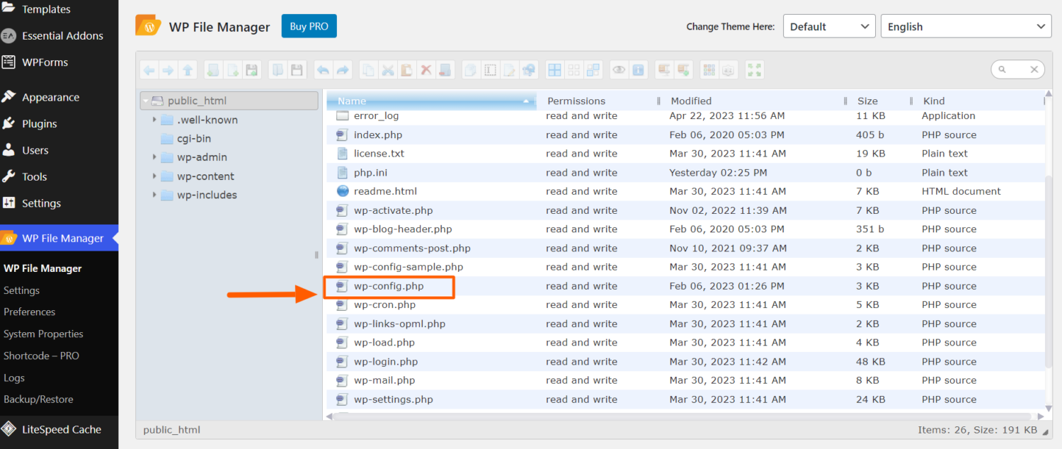 WP File Manager wp config php file