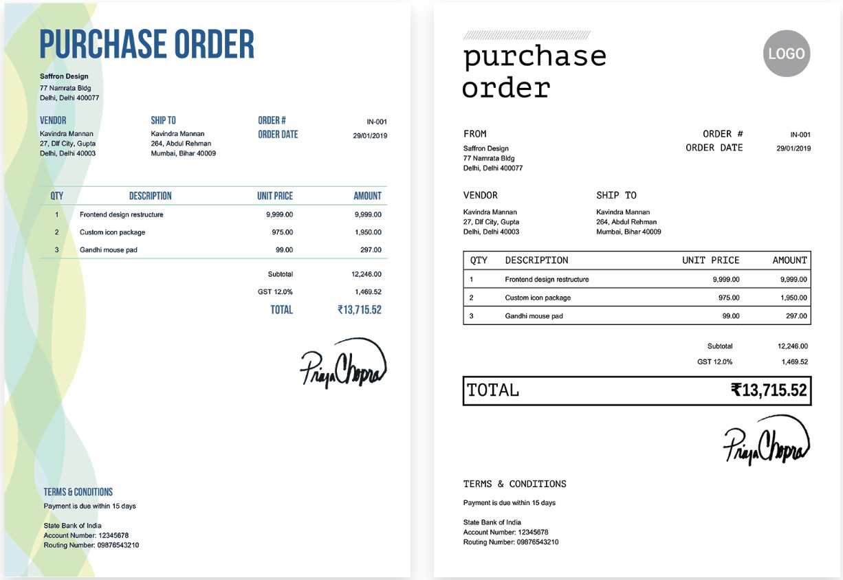 Two receipts with the word purchase order on them.