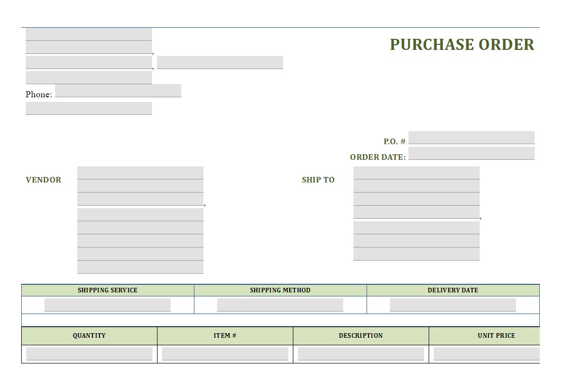 A purchase order form with a green background.