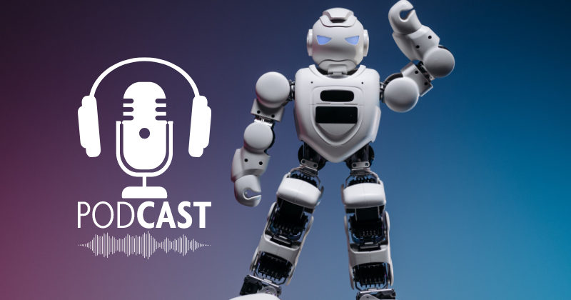 An AI podcast featuring a robotic host with a microphone in front.