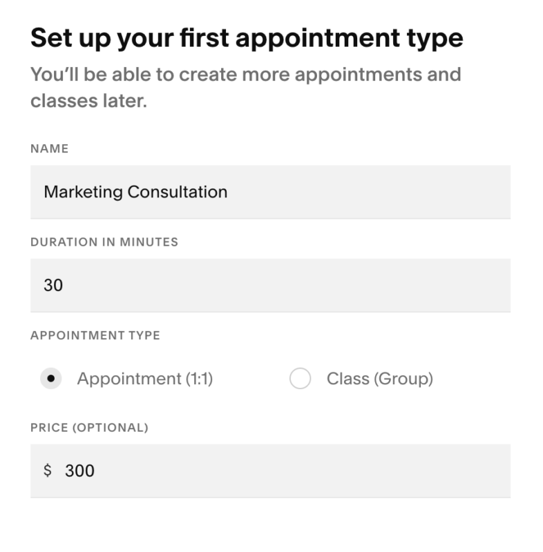 set up first appointment type in acuity