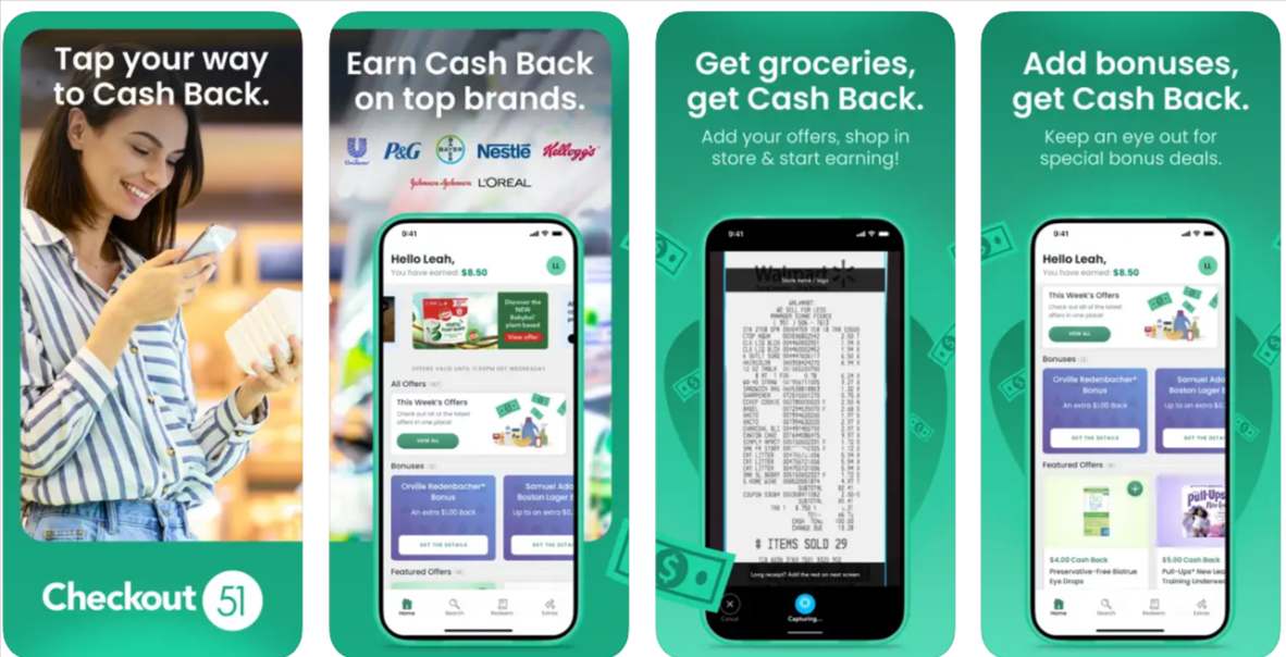 A woman is using a mobile app for cashback on her purchases.