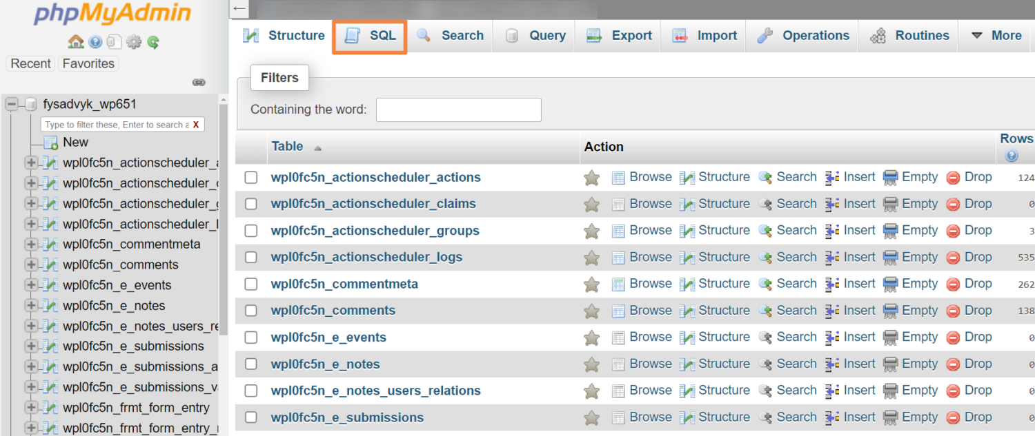 A screenshot of the phpmyadmin dashboard.