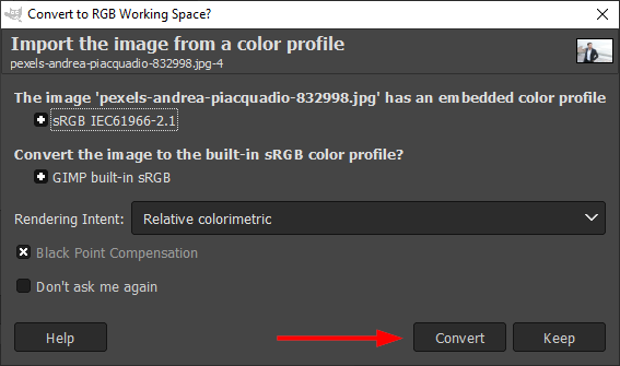 Convert image to SRGB profile in GIMP to remove image background