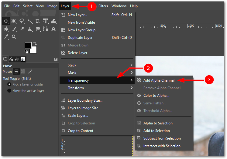 Create alpha channel to have tranparency in image to remove background in GIMP