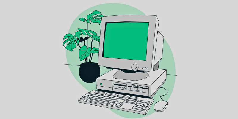 An illustration of a computer with a plant in front of it.