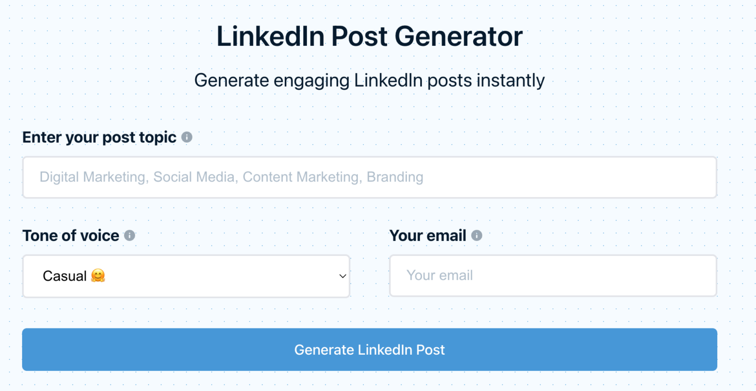 A screen showing the linkedin post generator.