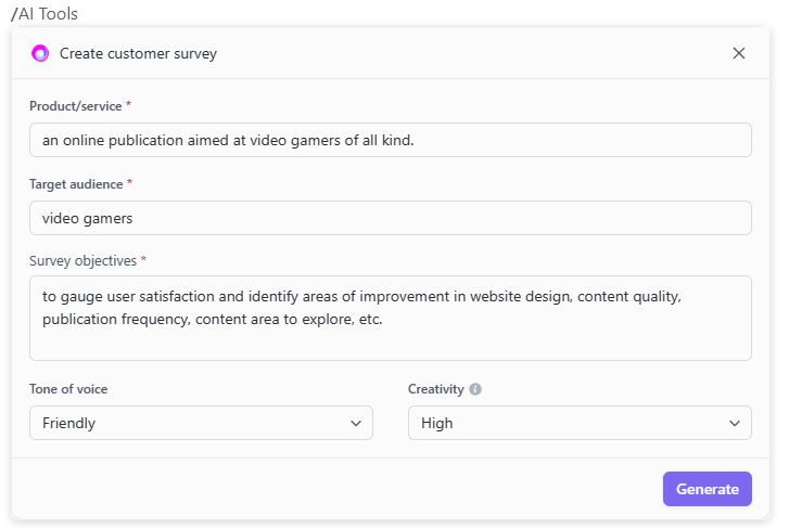 A screenshot of a customer survey tool.