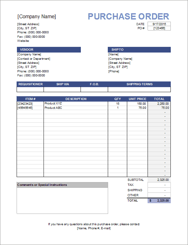 A blue purchase order form.