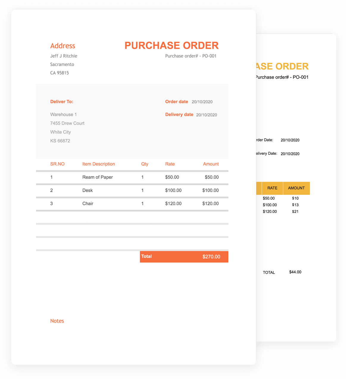 A purchase order template with an orange background.