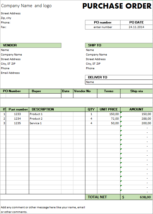 A purchase order template with a green background.