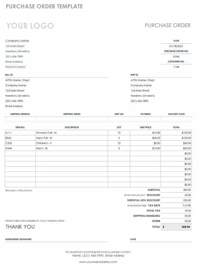 A purchase order template with a white background and invoice design.