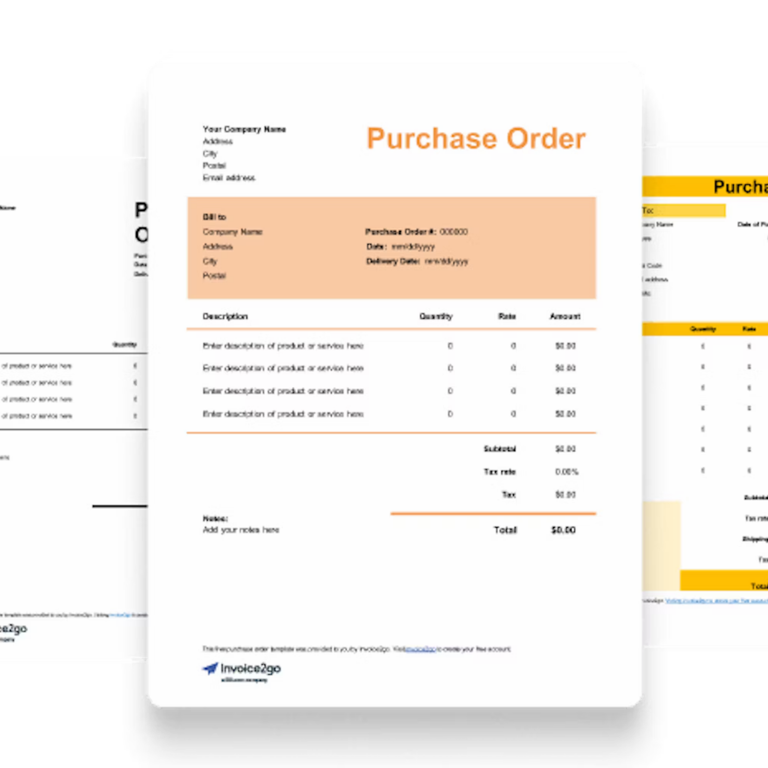 Three purchase order templates on a black background.