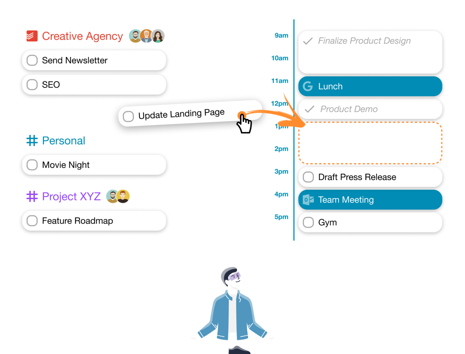 A man in a yoga pose visualized by an AI Meeting Assistant.