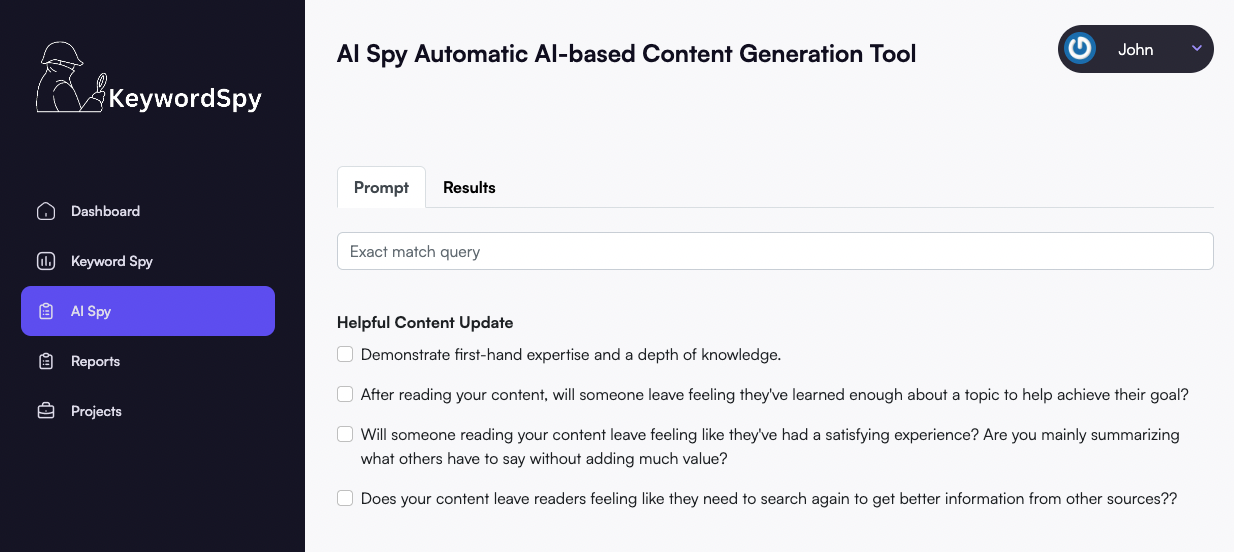 A screenshot of an automatic content generation tool.