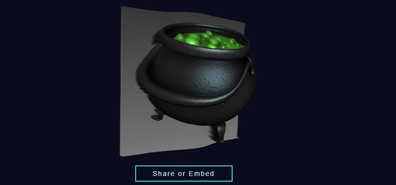 A 3D model generator creating a black cauldron containing green liquid.