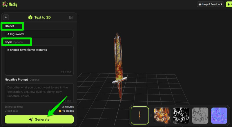 Guide on creating a sword using the 3D model generator 