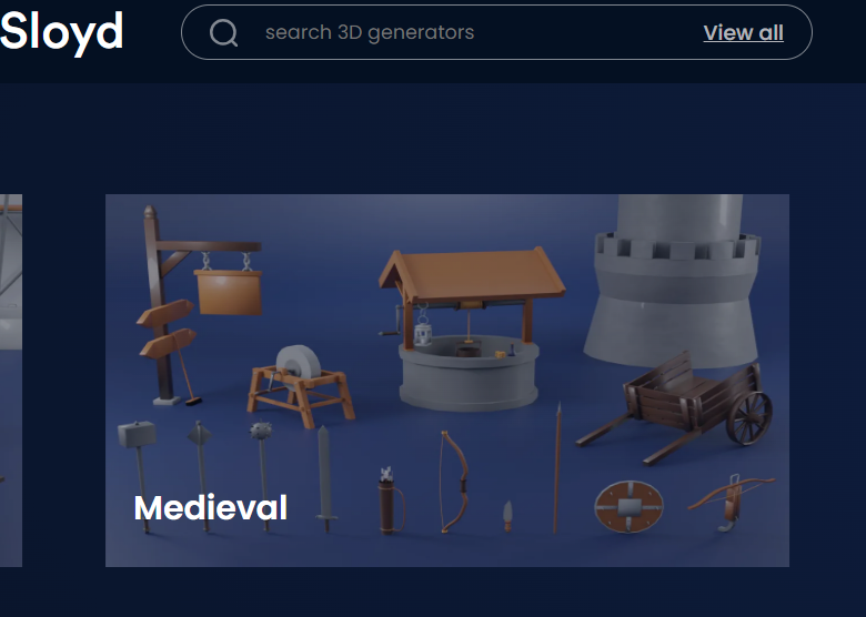 A screen shot of a website with a 3D model generator showcasing medieval items.