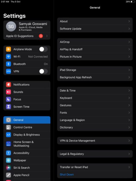 General section of iPad Settings