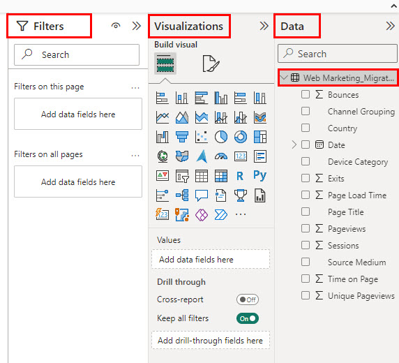 Three navigational panels of Power BI