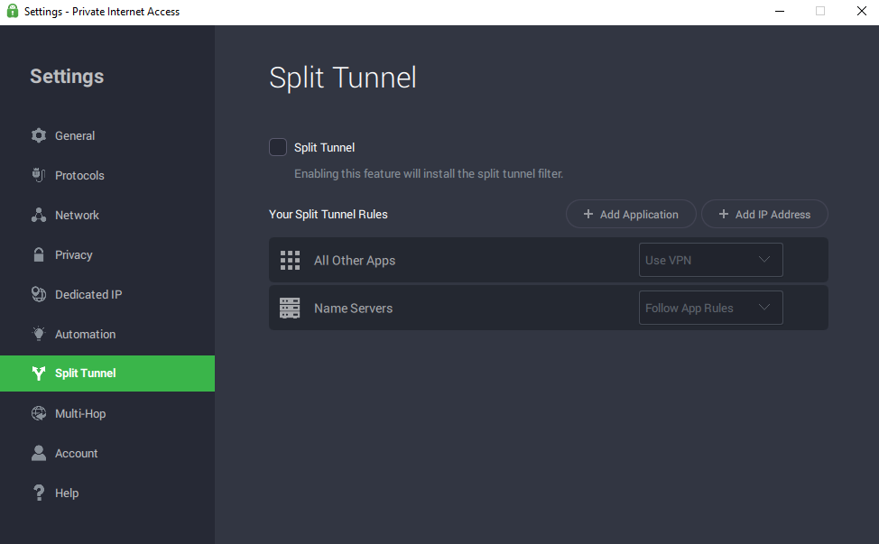 PIA split tunnel