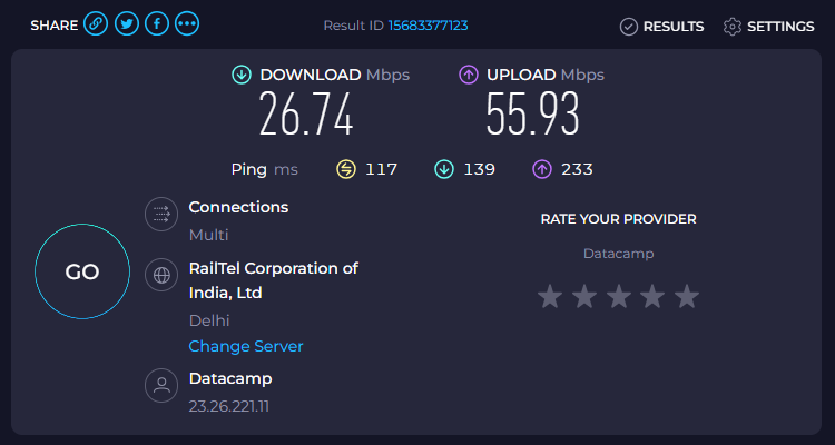 With PIA VPN - Indian server Speed test