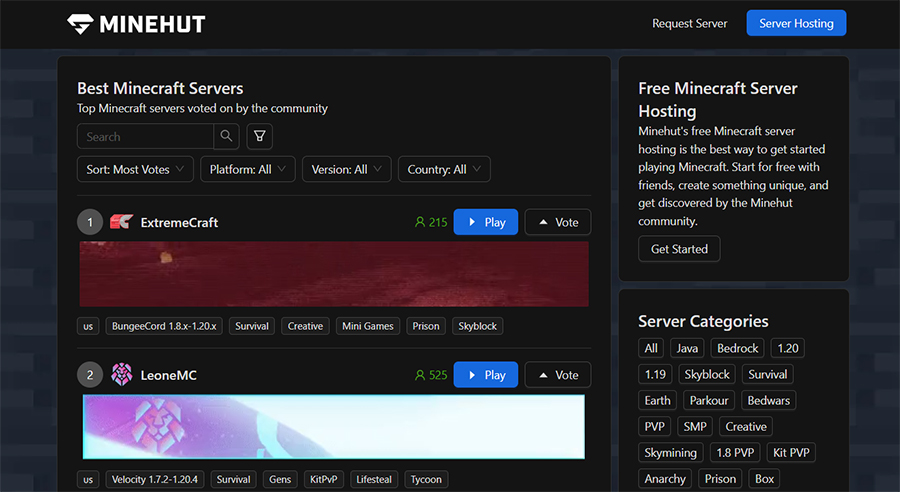 Minehut's homepage showing a few servers in the center of the page and server categories in the bottom-right corner.