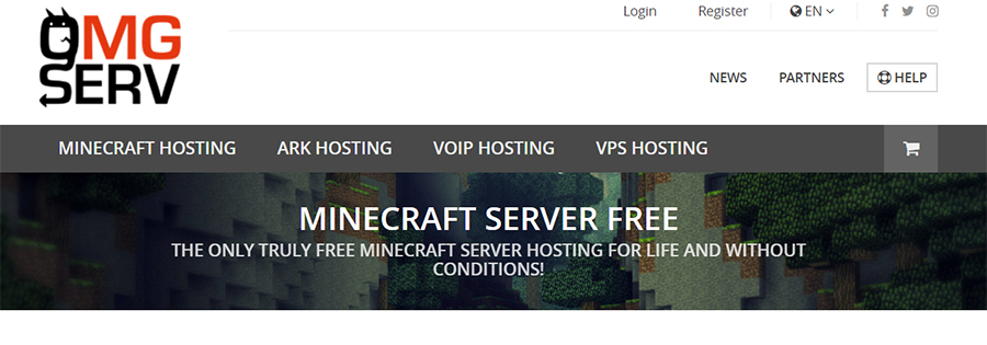 OMGSERV's homepage showing the main menu options and advertising for its free Minecraft servers.