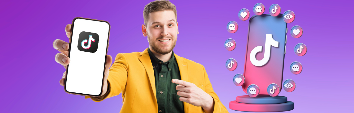 A man holding up a phone with a tiktok logo on it.