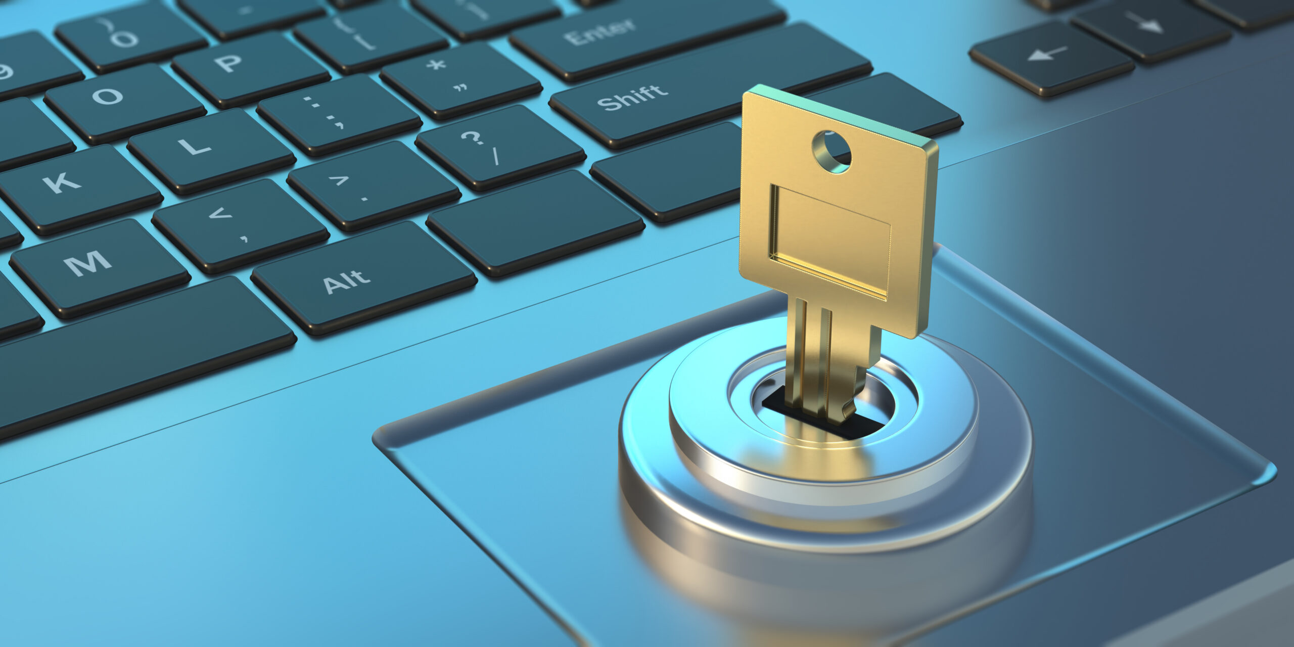 Cyber security. Key in a padlock, laptop background. 3d illustration