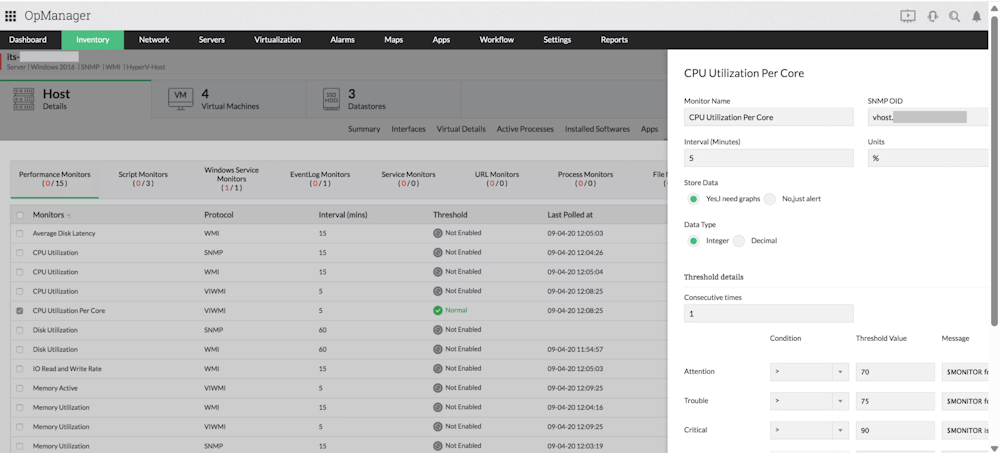 ManageEngine OpManager Hyper-V performance monitoring dashboard