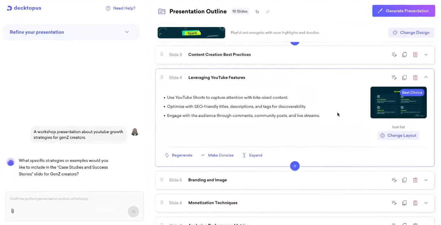 Decktopus generating a business presentation in a ChatGPT-style chat dashboard