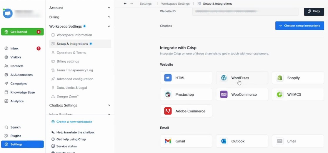 crisp dashboard after setting up