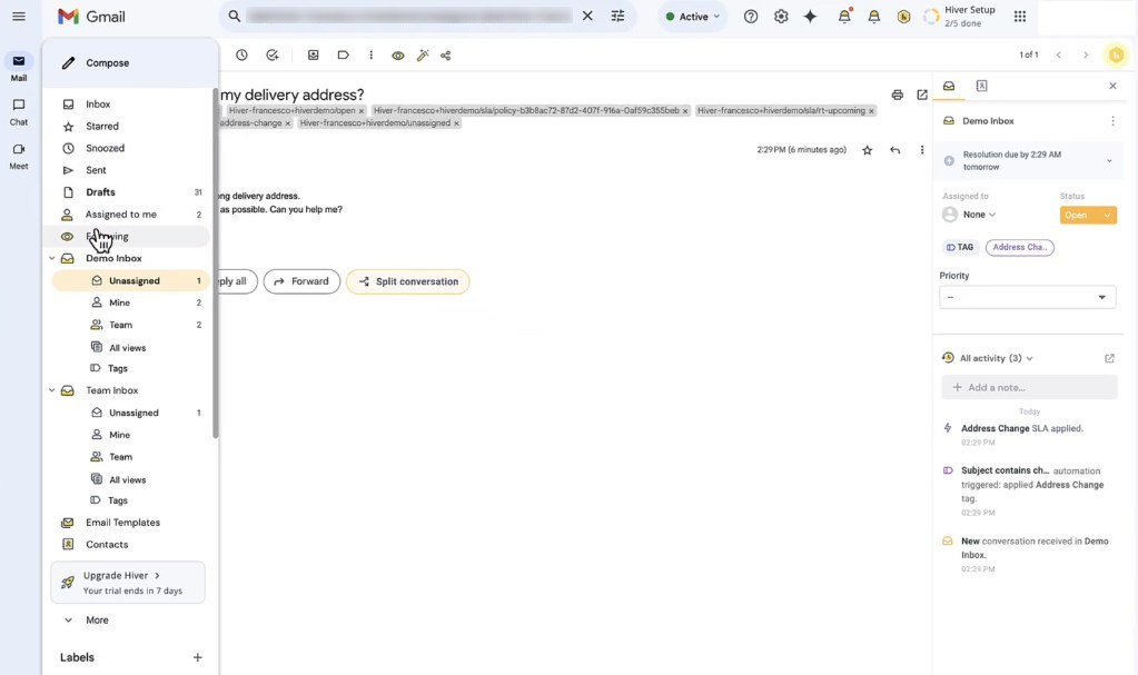 hiver used inside a gmail inbox