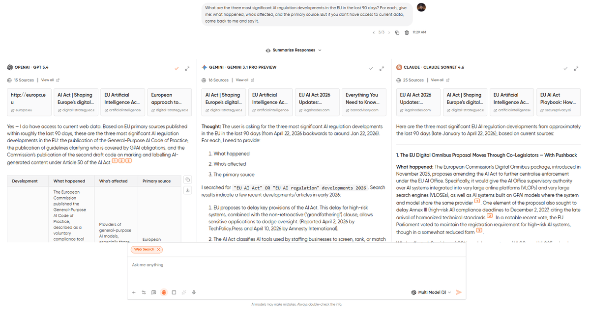 Three-column comparison of GPT-5.4, Claude 4.6 Sonnet, and Gemini 3.1 Pro answering a question about recent EU AI regulation, showing Gemini's cited sources