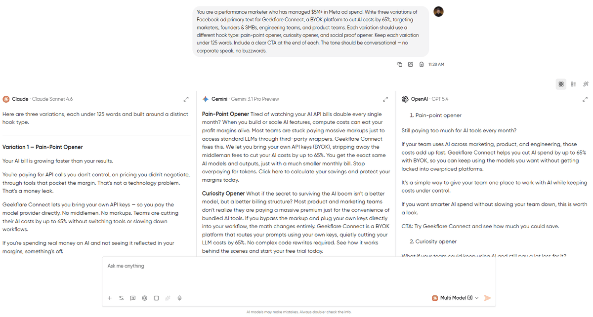 Side-by-side comparison of GPT-5.4, Claude Sonnet, and Gemini Pro outputs for an ad copy prompt in Geekflare Chat