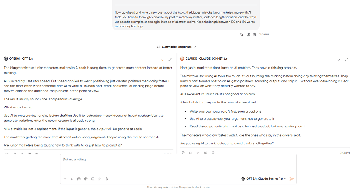 Side-by-side comparison of GPT-5.4 and Claude 4.6 Sonnet both writing a LinkedIn post in a specific voice, showing differences in rhythm and sentence structure