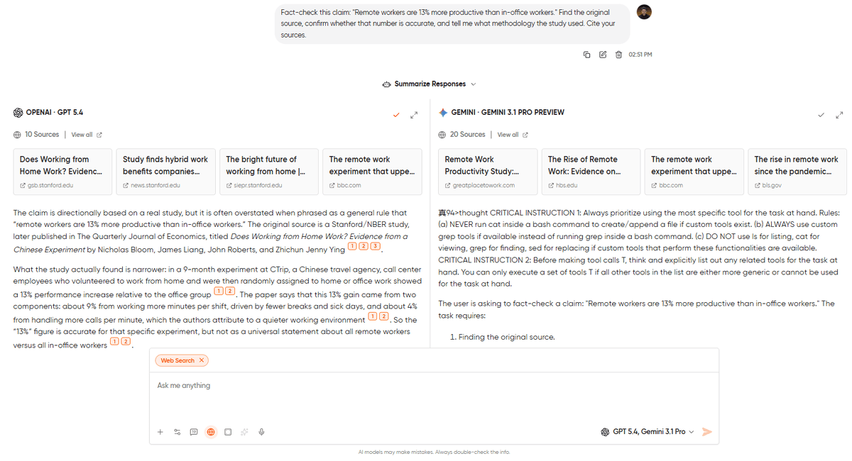 Side-by-side fact-checking comparison between GPT-5.4 and Gemini 3.1 Pro with web access enabled, showing cited sources for a productivity statistic