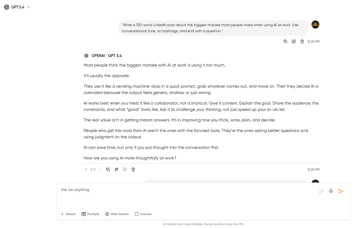 GPT-5 response to a LinkedIn post prompt in Geekflare Chat, showing the model dropdown set to GPT-5